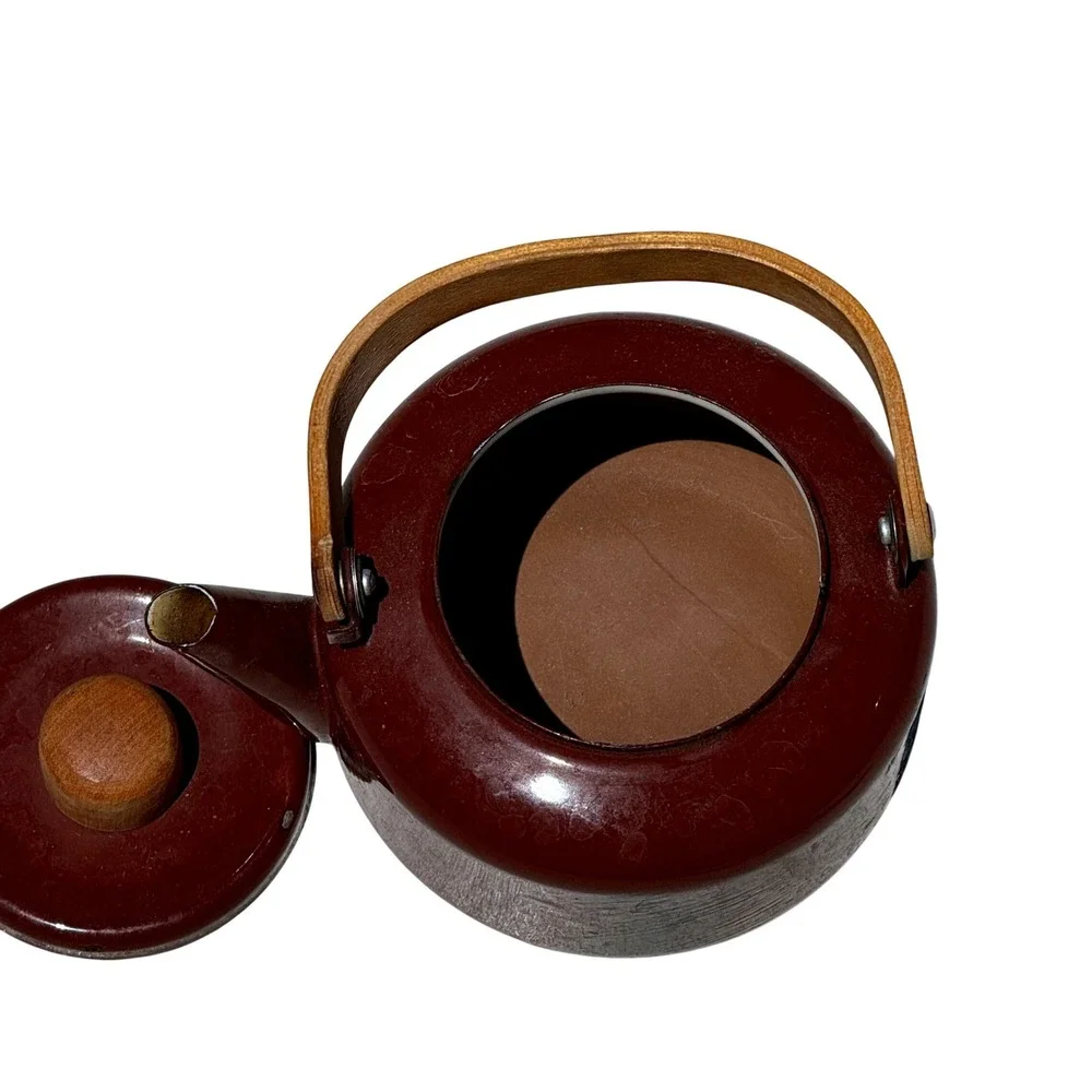 Vintage MCM Teapot Kettle Wood Handle Brown Enamel Scandinavian Japanese Style